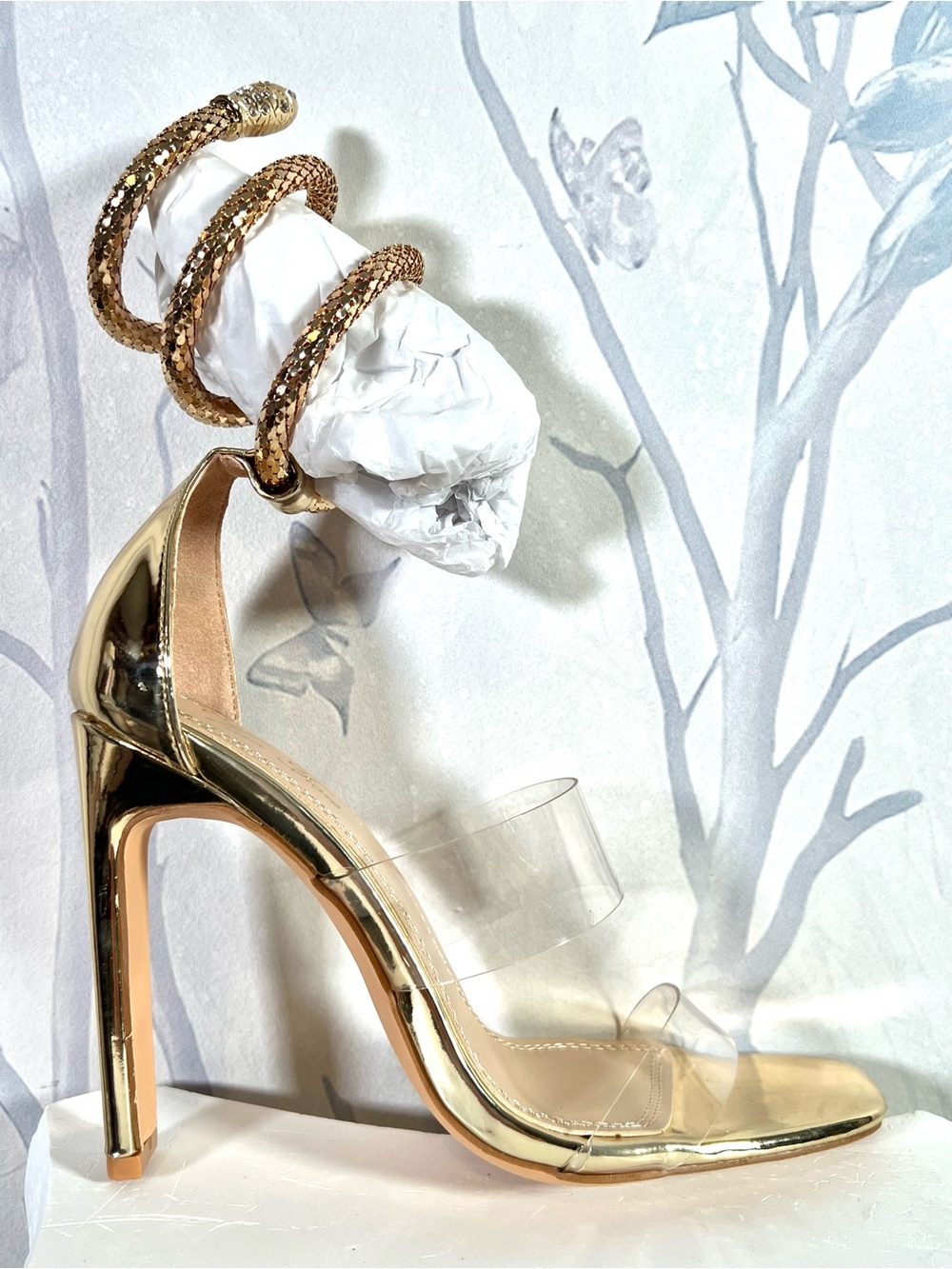 Gold High Heel Sandals with Clear Straps and Snake Wrap Ankle